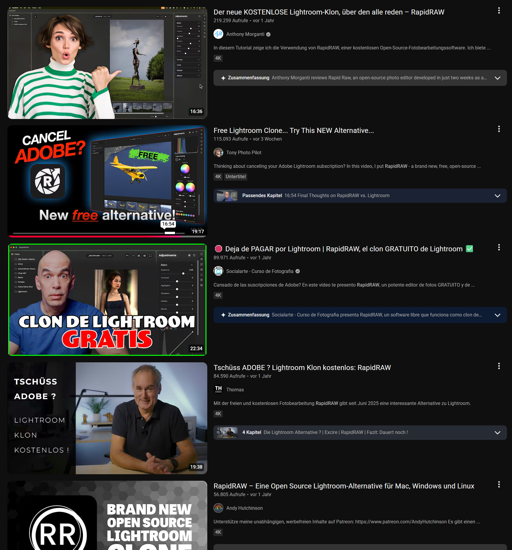 Collage of YouTube video thumbnails featuring RapidRAW from creators around the world
