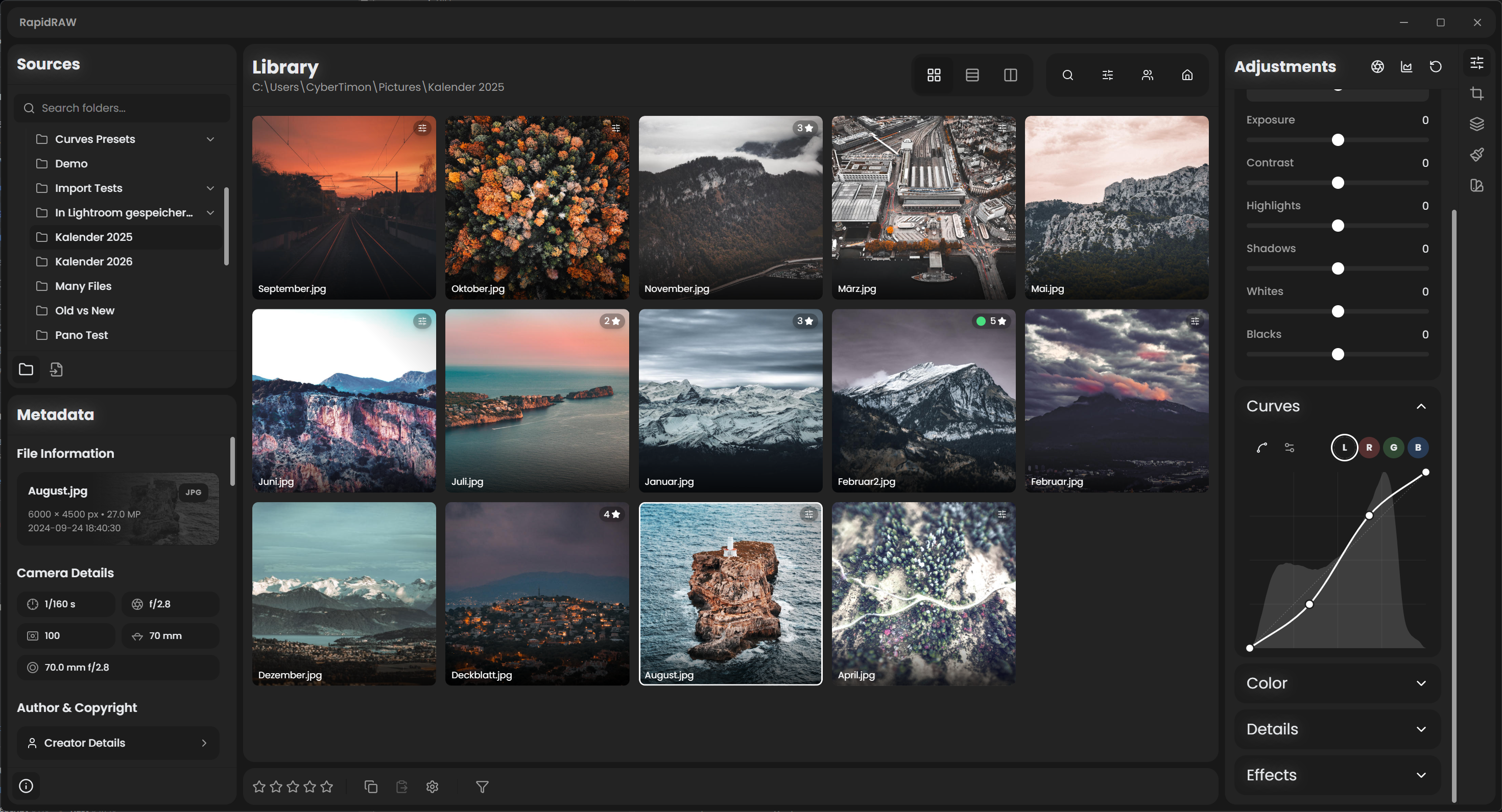 Editing an image directly inside the Library grid view with adjustment panels open on the right
