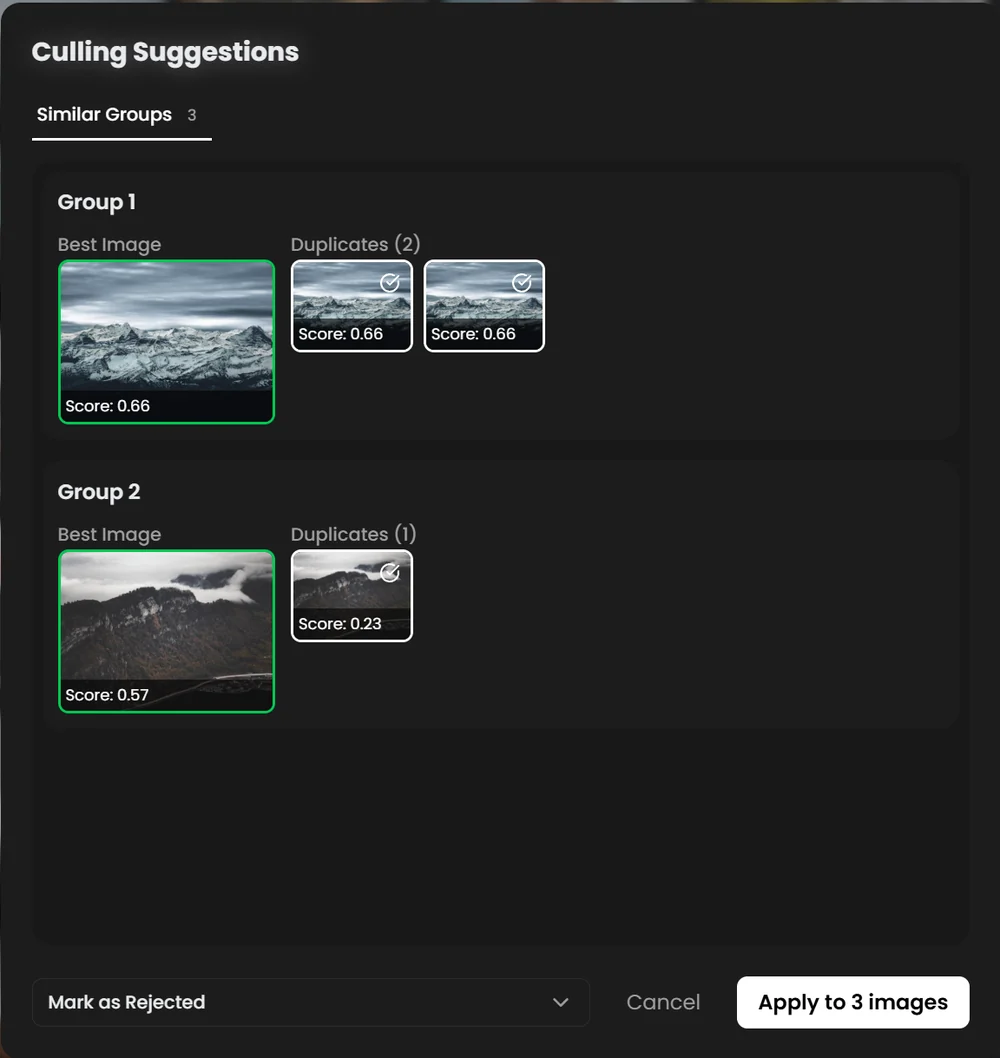 Culling Suggestions dialog showing a group of similar photos with the best image outlined in green and duplicates with their scores