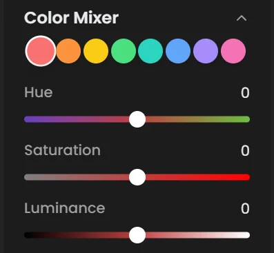 Color Mixer with eight color swatches and Hue, Saturation and Luminance sliders