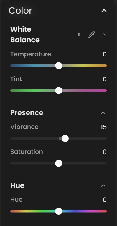 Color section with White Balance, Presence and Hue tools