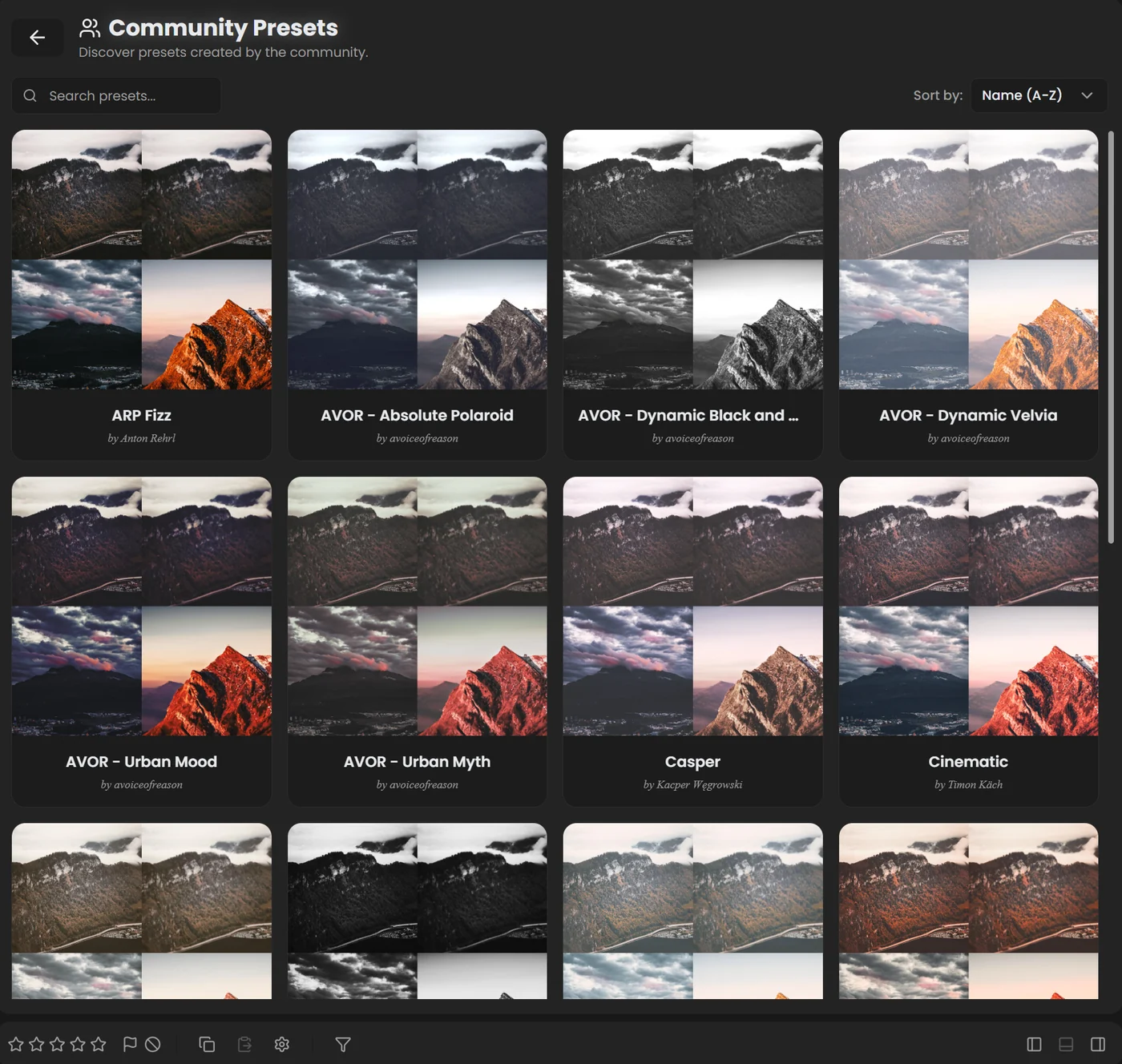 Community Presets page with a grid of preset cards, each previewing the preset on four photos, with the preset name and author