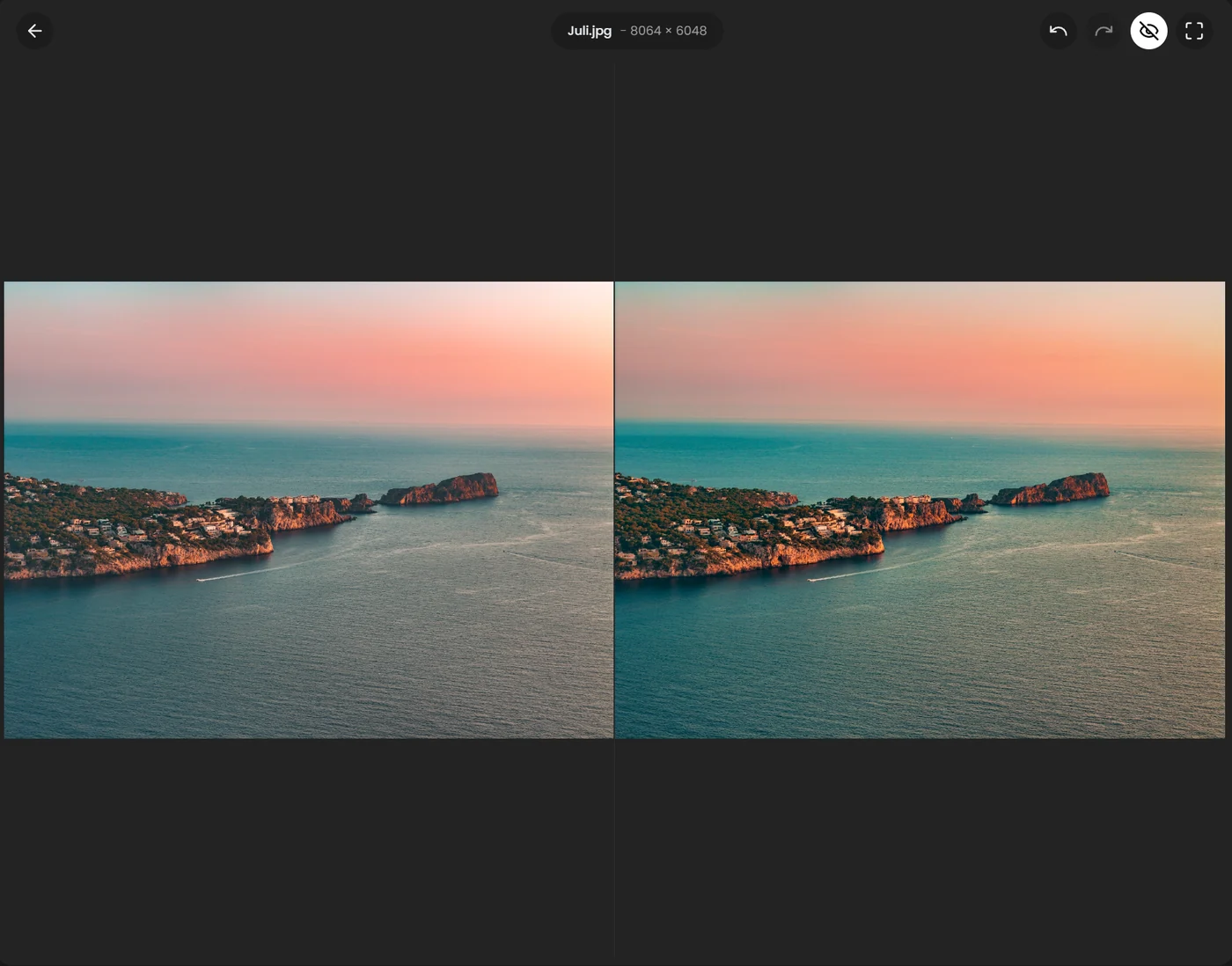 Side by Side compare mode with the original on the left and the edited photo on the right