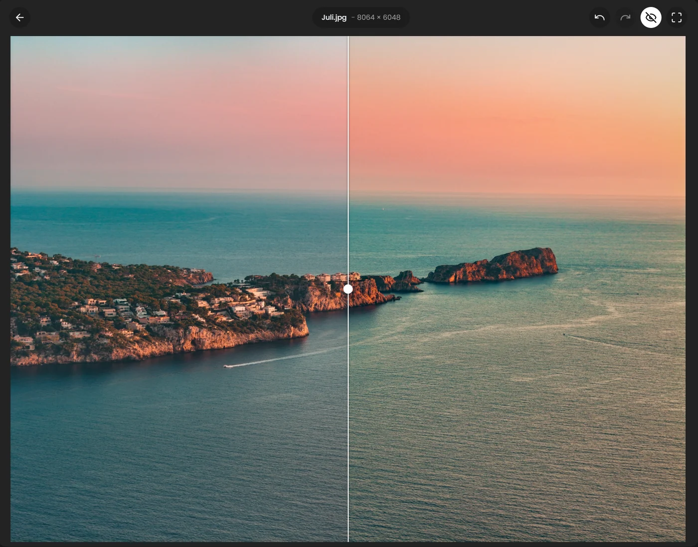 Split Left / Right compare mode with the original on the left and the edited photo on the right, separated by a vertical divider