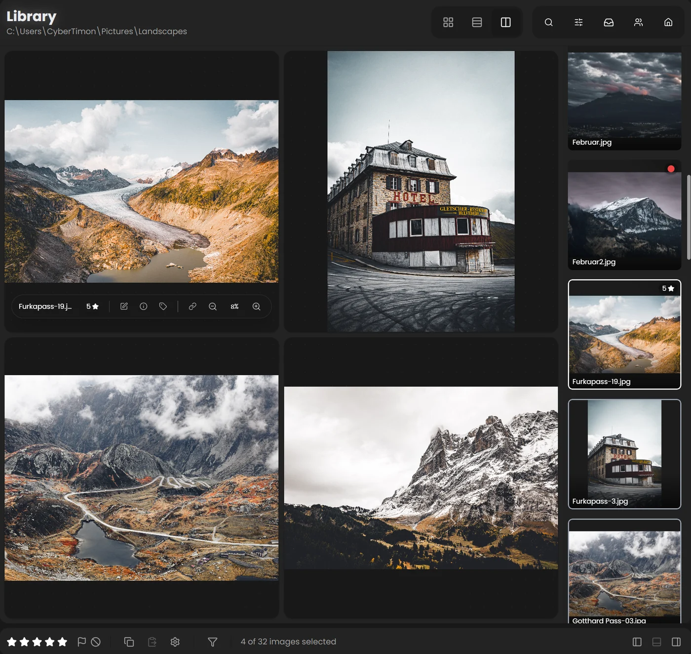 Culling View showing four similar photos side by side with a thumbnail strip on the right