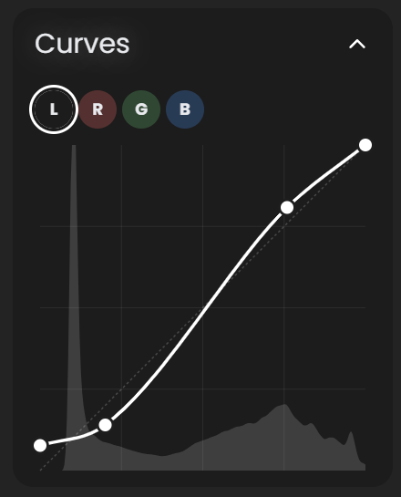 Curves panel showing the L, R, G, B channel selectors and an S-curve drawn over the luma histogram