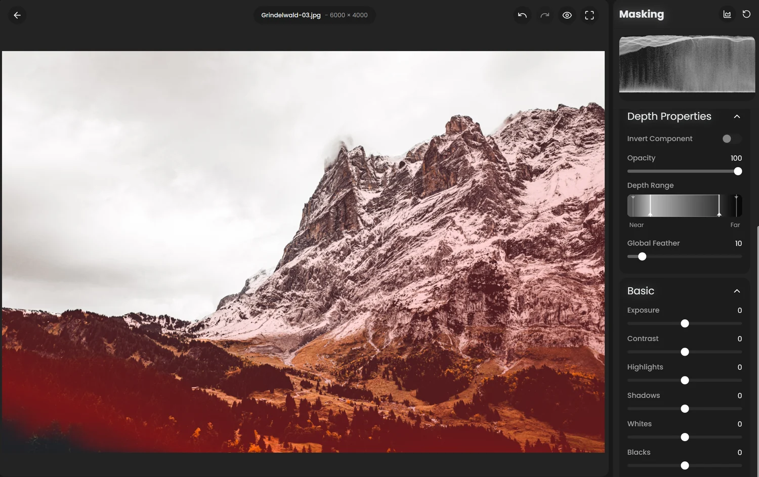 Depth mask selecting the foreground of a landscape