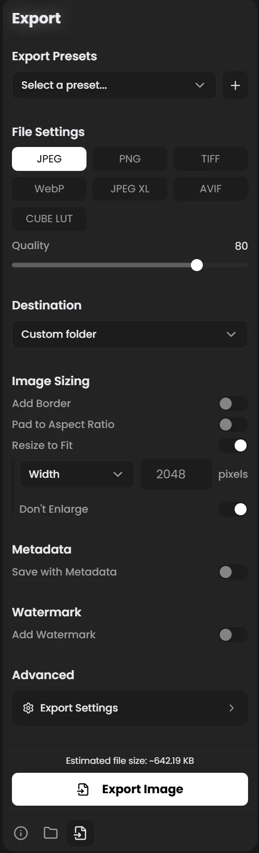 Export panel with Export Presets, File Settings with format buttons and Quality slider, and the Export Image button