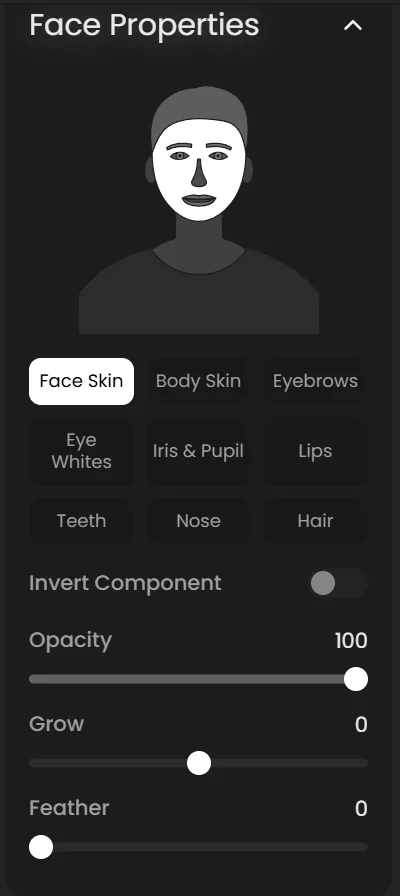 Face mask properties with the face illustration and toggles for Face Skin, Body Skin, Eyebrows, Eye Whites, Iris and Pupil, Lips, Teeth, Nose and Hair