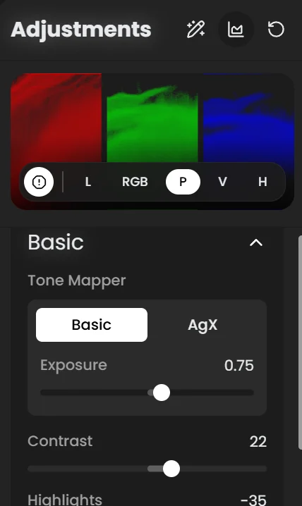 Analytics display above the adjustment sliders showing the RGB parade and the L, RGB, P, V and H mode buttons