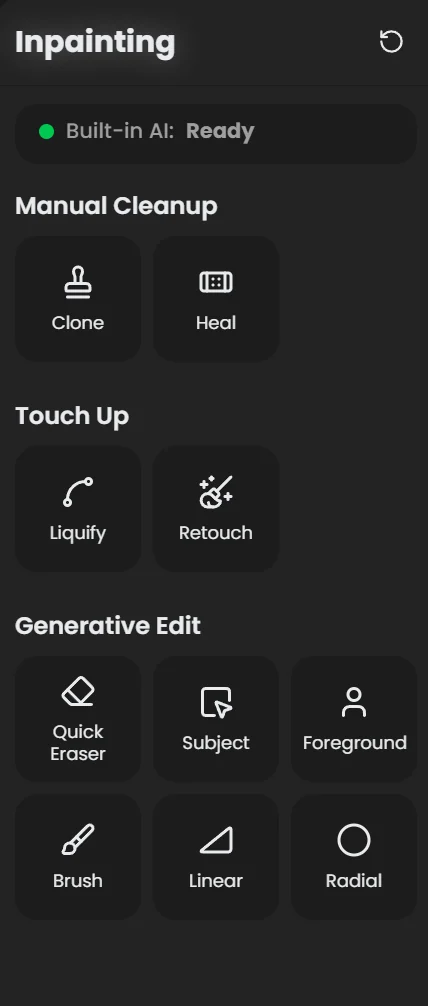 Inpainting panel showing the Built-in AI status and the Manual Cleanup, Touch Up and Generative Edit tool groups