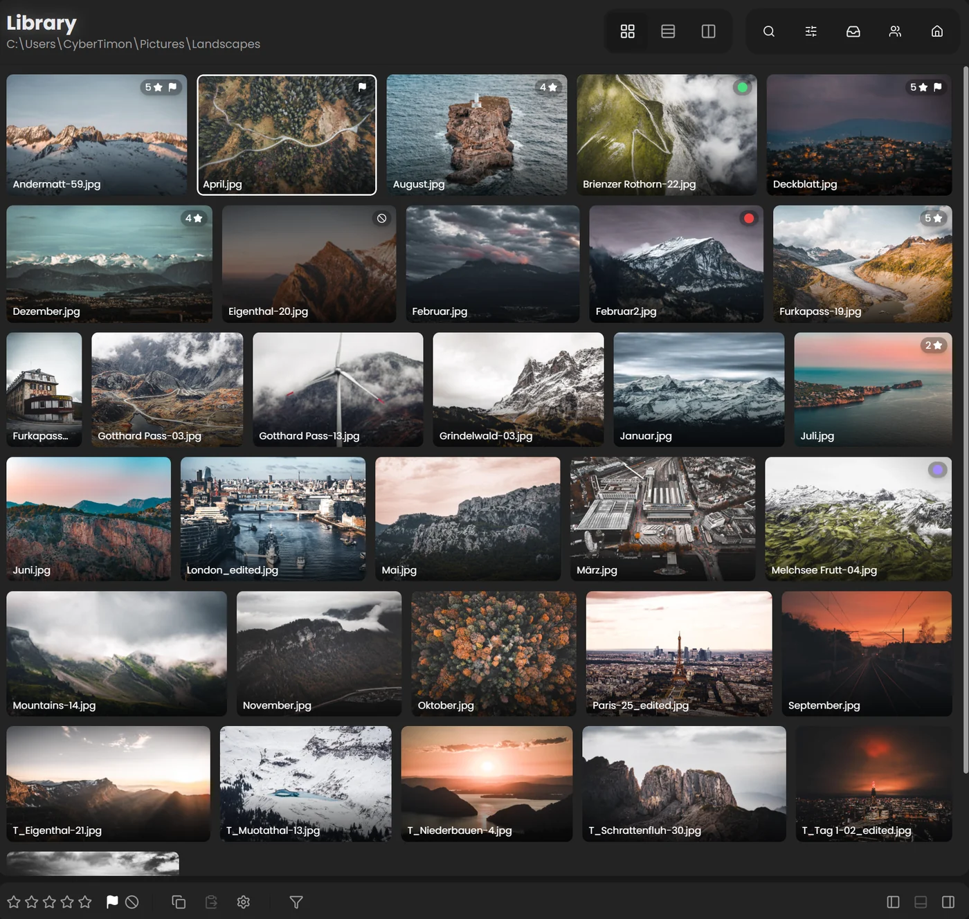 Library Grid View with Masonry thumbnails in their original shapes, with star ratings, flags and color labels