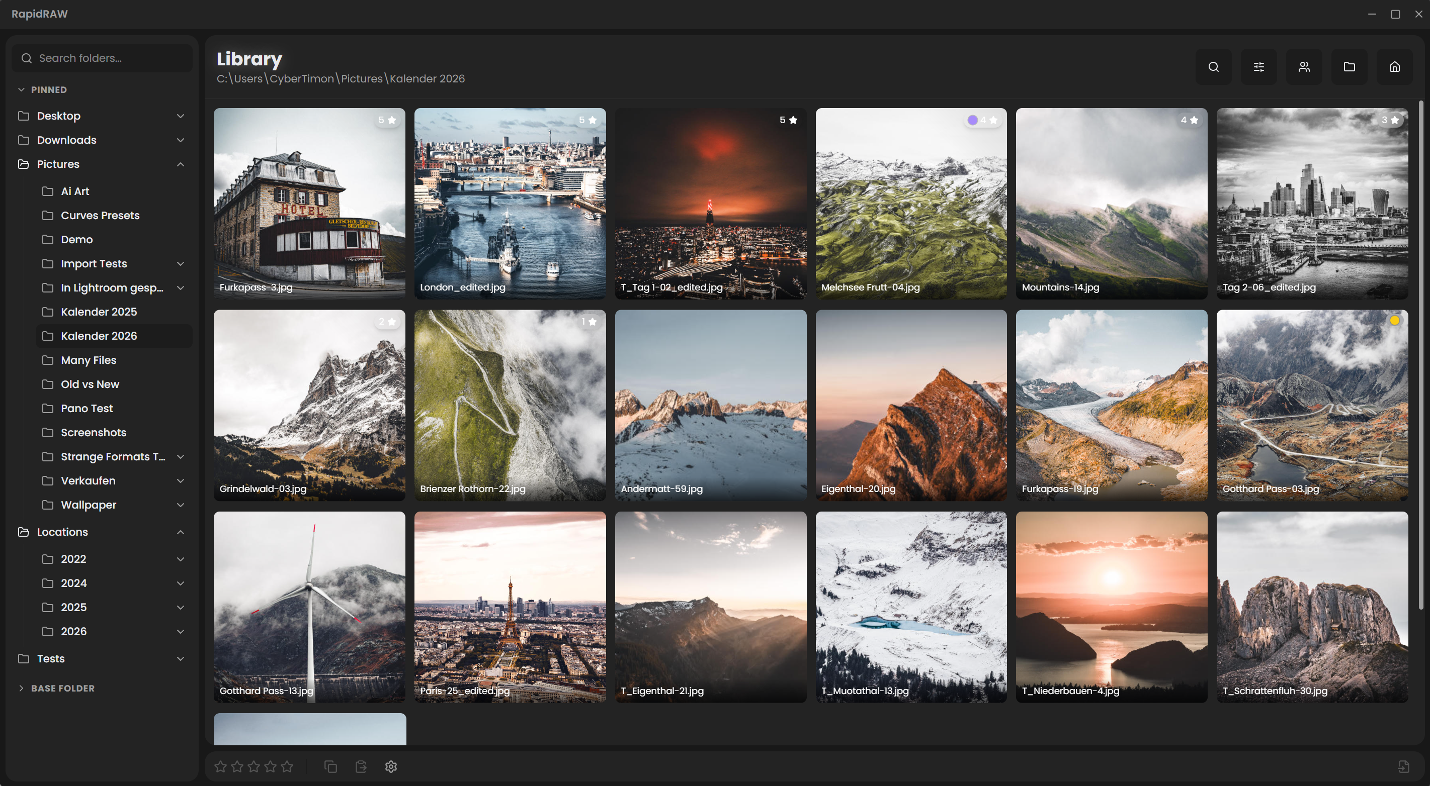 RapidRAW library view: folder tree with Pinned and Locations groups on the left, a grid of landscape thumbnails in the center, and the library header with search and view buttons
