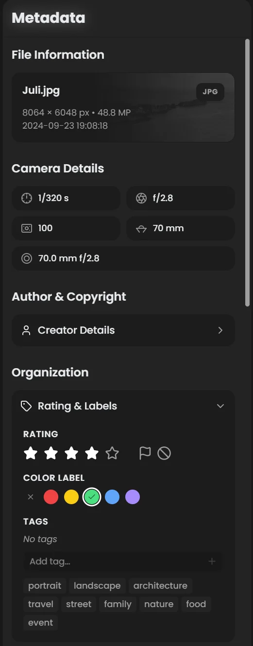 Metadata panel showing File Information, Camera Details, Author and Copyright, and Organization sections