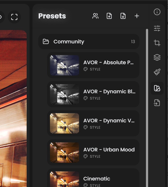 Presets panel showing a Community folder with sample presets like AVOR, Cinematic, Desert, Dramatic B&W, Golden Hour Glow, Moody Forest with thumbnail previews