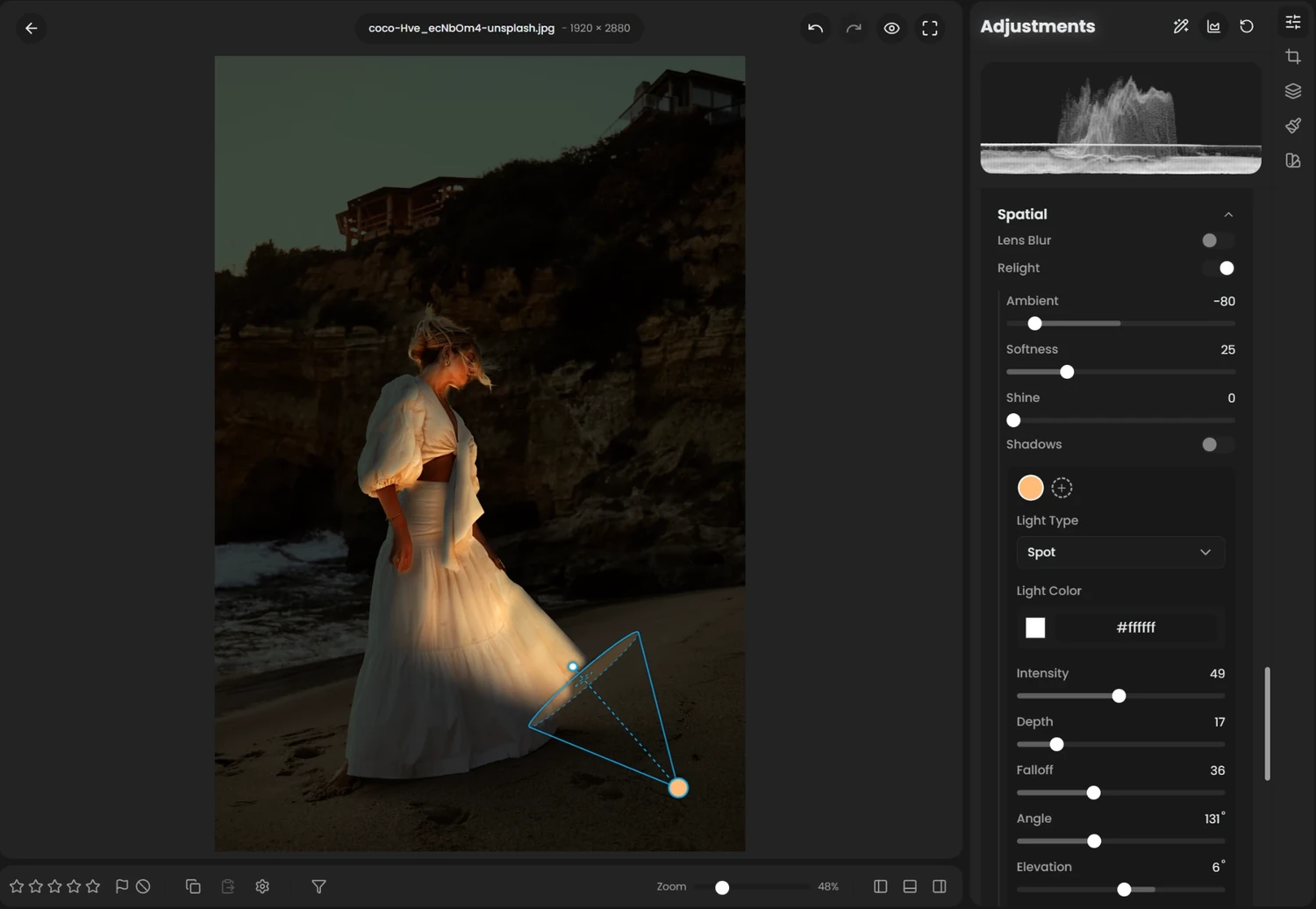 Relight panel with a spot light aimed at the dress, its cone and handles drawn on the photo, and Ambient at -80