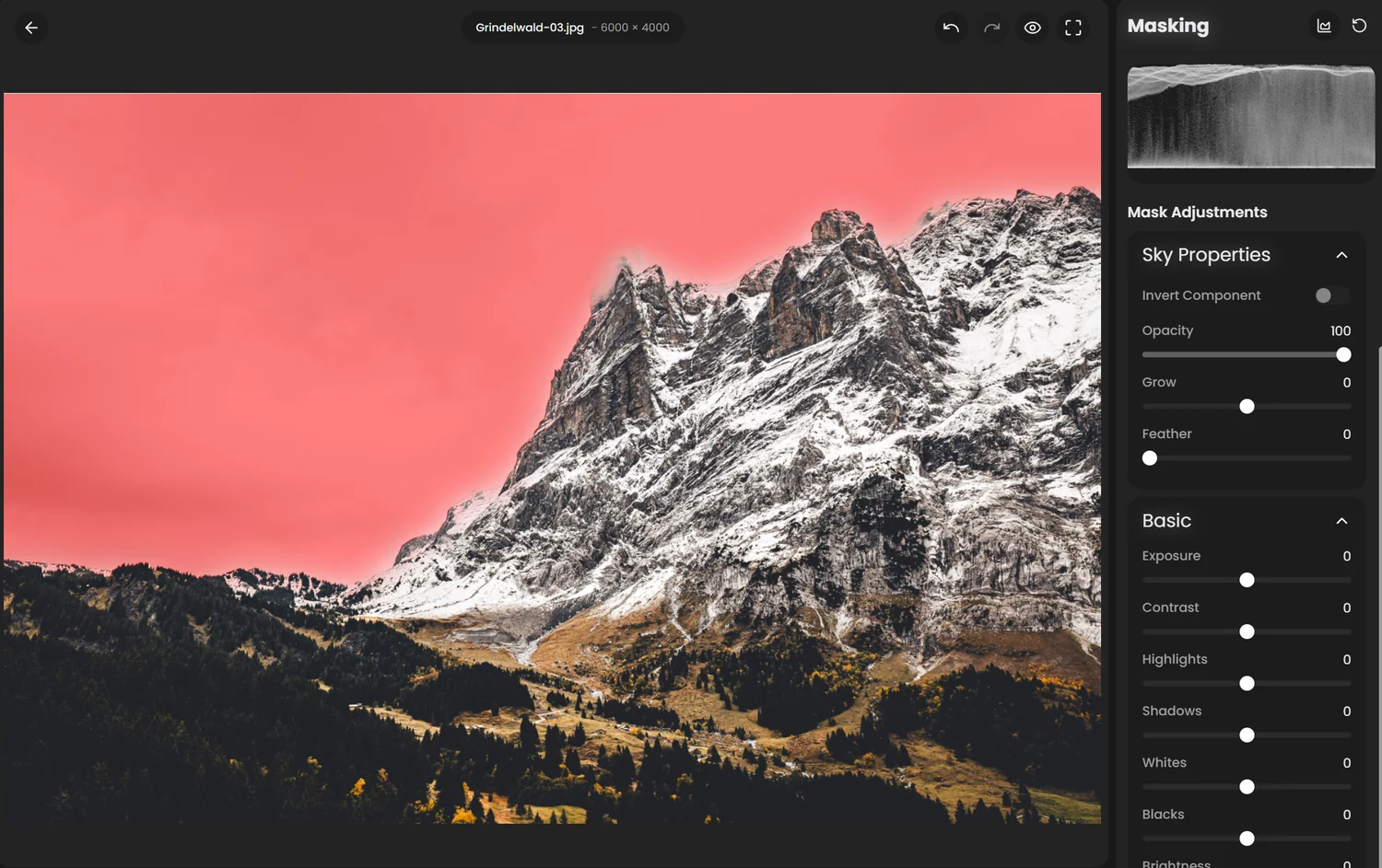 Sky mask on a mountain photo, the sky shown in red and following the ridge line