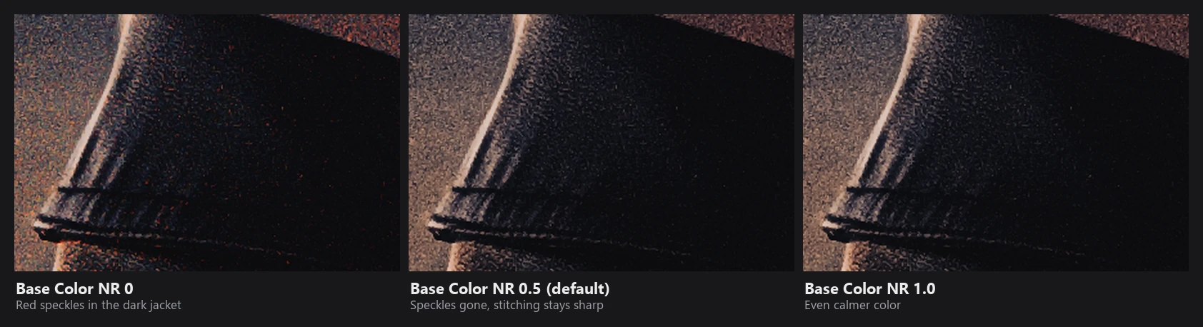 Three crops of a dark jacket collar from a Sony RAW: red speckles at Base Color NR 0, gone at 0.5 and calmer still at 1.0, while the stitching stays sharp