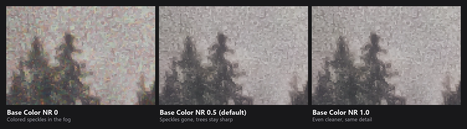 The same conifers in fog at 400 percent with Base Color NR 0, 0.5 and 1.0: colored speckles at 0, clean grey fog at 0.5 and 1.0 with the trees equally sharp