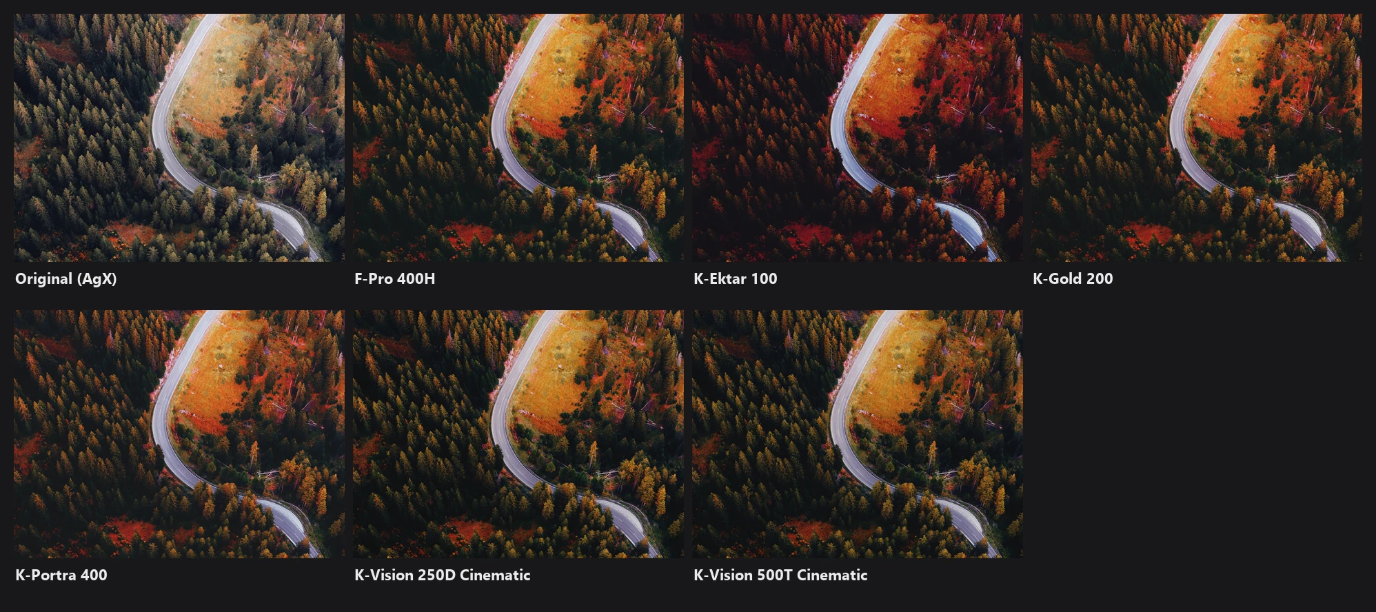 An aerial shot of a road winding through autumn forest, shown without a film look and with each of the six built-in film emulations