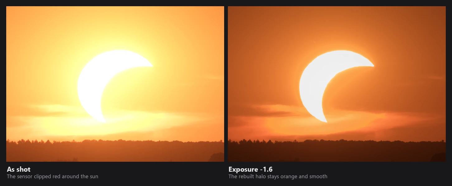 Two crops of a partial solar eclipse at sunset: as shot and with exposure minus 1.6, showing a smooth orange halo around the sun