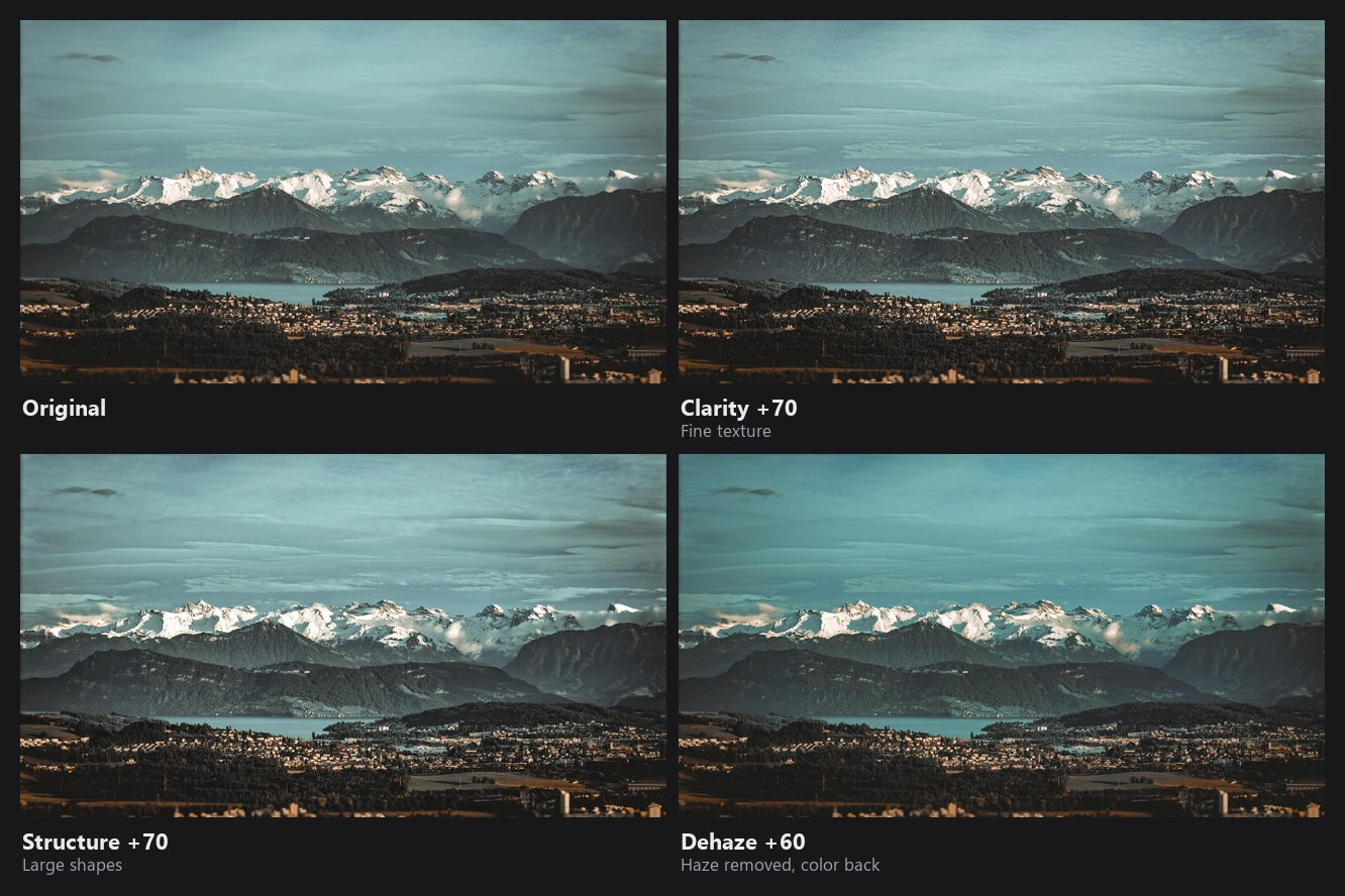 Four versions of a snowy mountain landscape: original, Clarity +70, Structure +70 and Dehaze +60