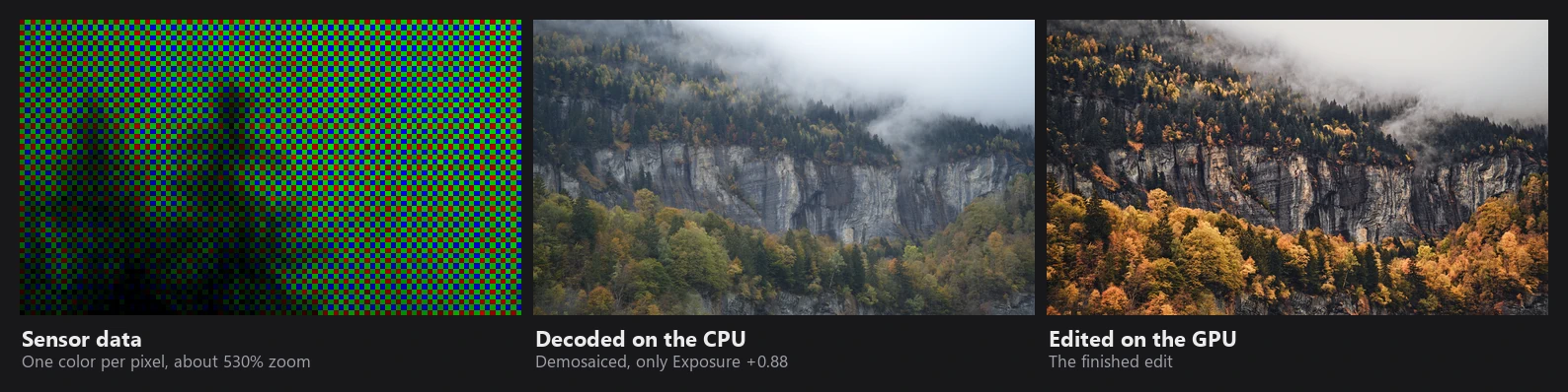 Three stages of the same Sony A7 III RAW of a foggy autumn cliff: the raw sensor mosaic up close, the decoded image with only an exposure change, and the finished edit with warm autumn colors