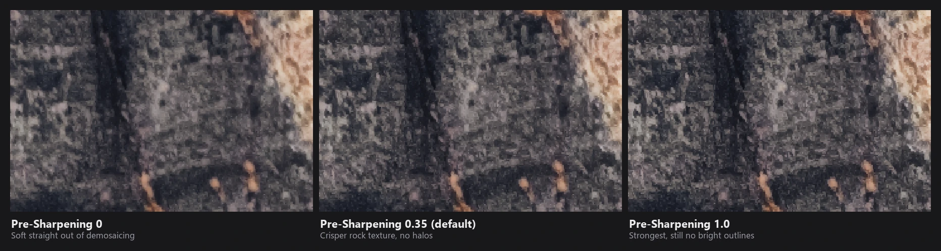 Three crops of rock texture at 250%: Pre-Sharpening 0 is slightly soft, 0.35 crisper, 1.0 crispest without halos