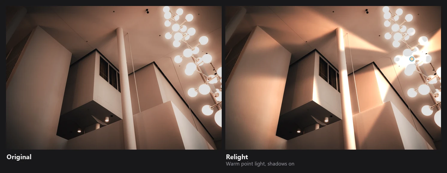 An interior with white architectural blocks and a chandelier: the original, and the relit version where a warm point light in the chandelier casts shadows of the pillar and blocks onto the walls