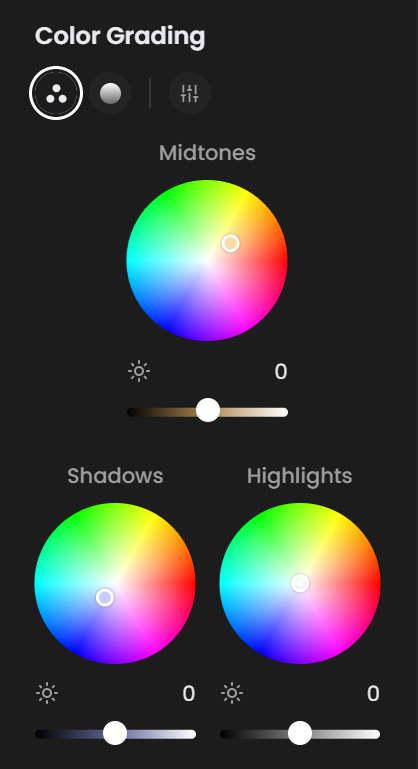 Color Grading panel with shadows wheel pointed at teal and midtones wheel pointed at orange
