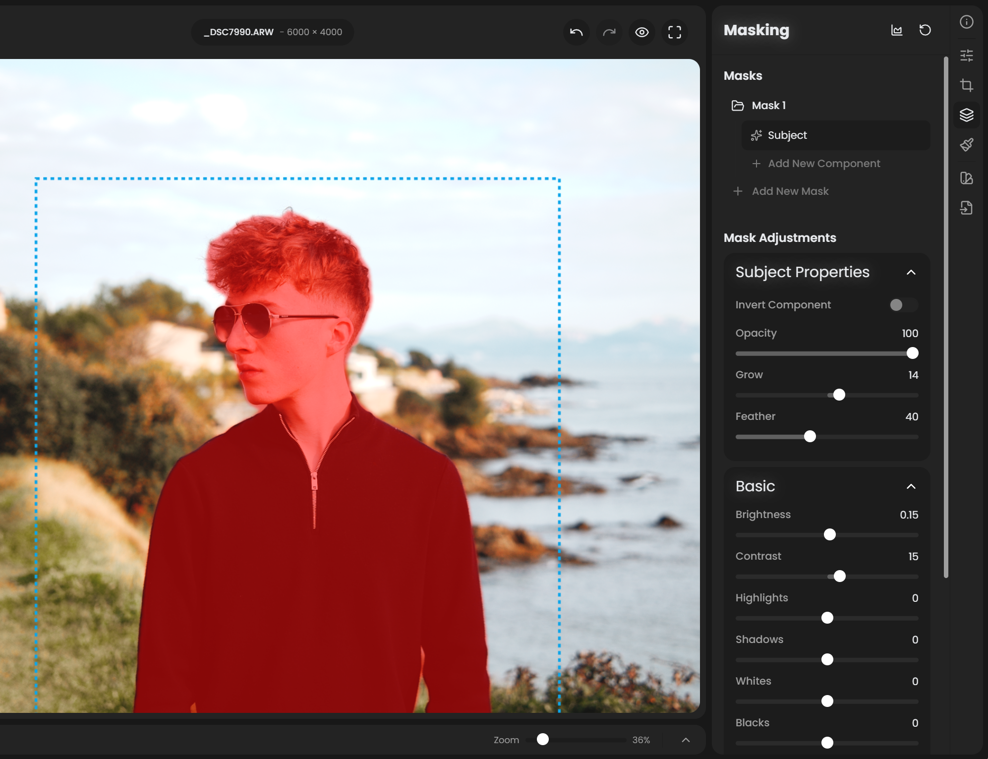 Red subject-mask overlay covering the person in the photo